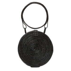 PINK HALEY Rattan Leather Purse Round Circle Handle Bag Black Preppy wrist 7”